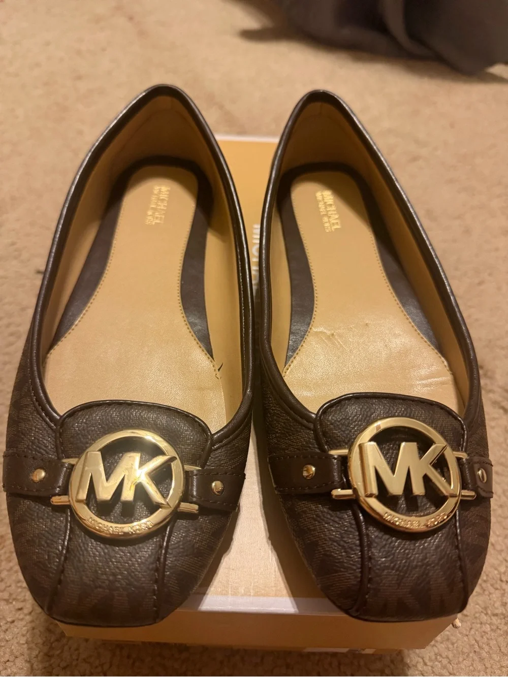 Michael Kors Dark Brown Logo MK Round-Toe Ballet Flats with Gold Hardware